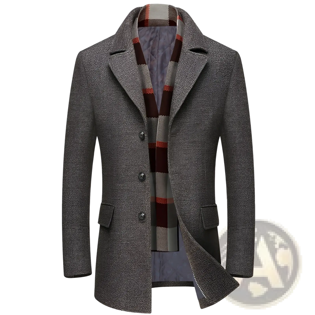 Gray textured wool men overcoat with notched collar and three buttons featuring a red brown gray plaid scarf lining