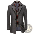 Gray textured wool men overcoat with notched collar and three buttons featuring a red brown gray plaid scarf lining