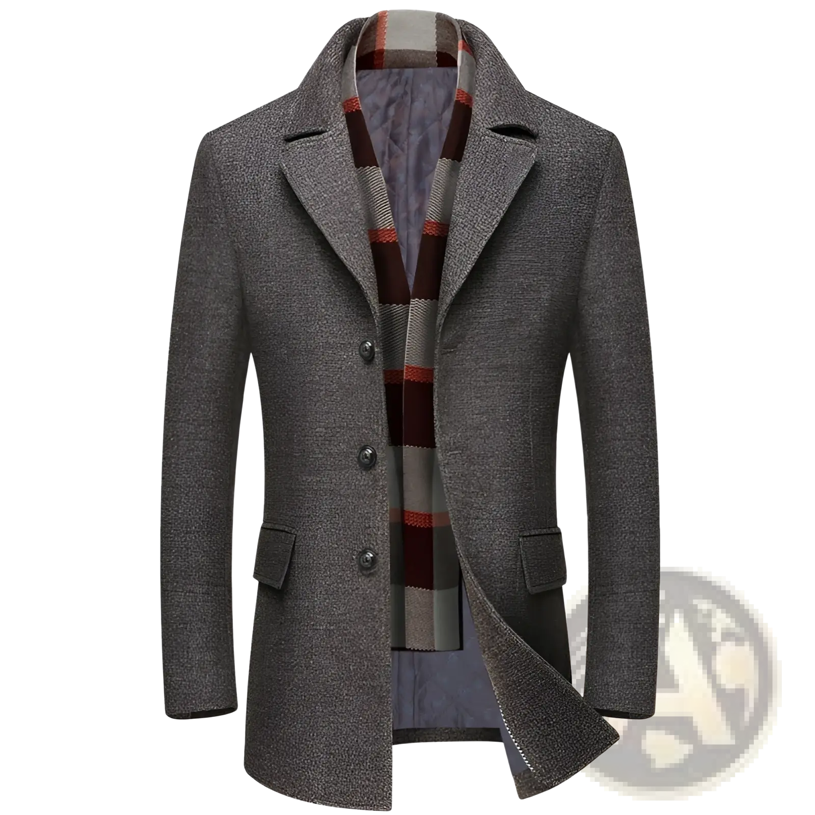 Gray textured wool men overcoat with notched collar and three buttons featuring a red brown gray plaid scarf lining
