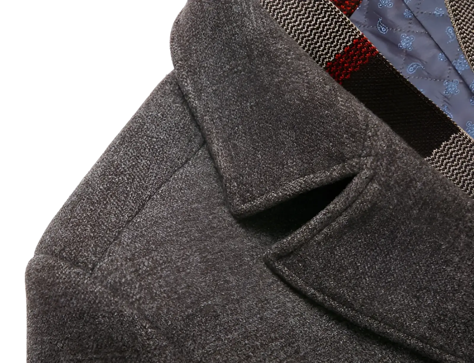 Textured charcoal gray wool overcoat with classic notched lapel and plaid lining for winter use