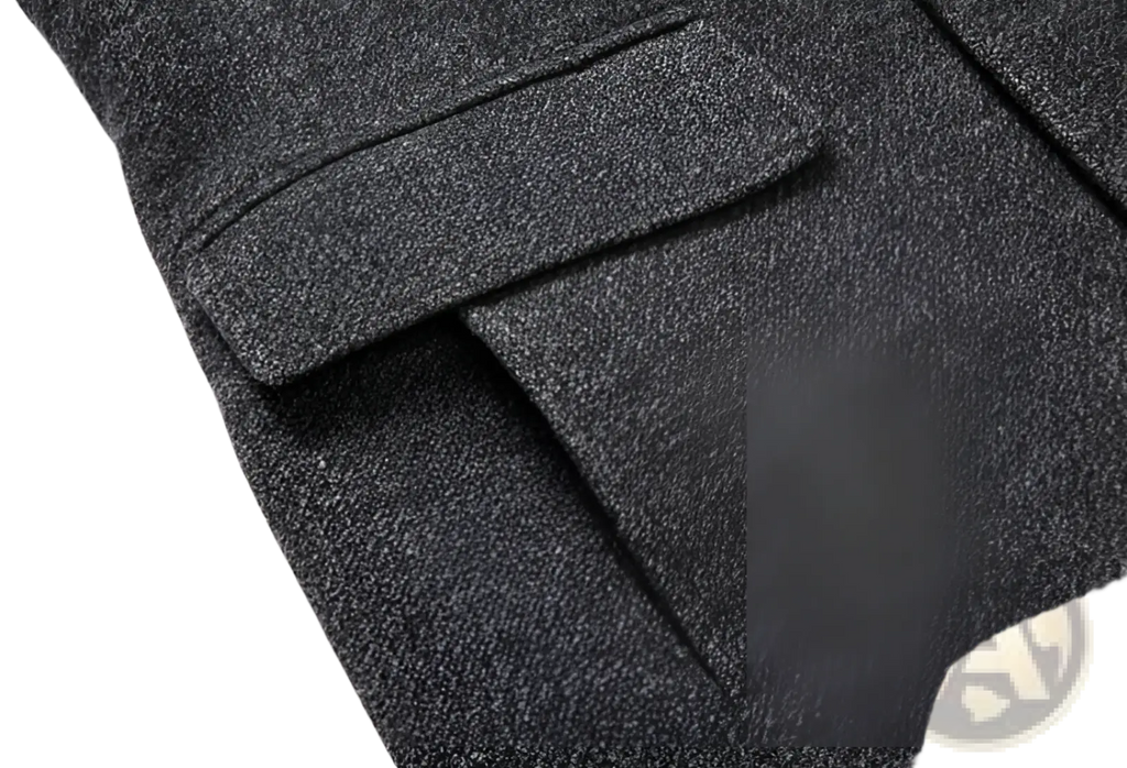 Men wool overcoat dark gray textured heathered fabric with flap pocket plaid lined lapel winter jacket