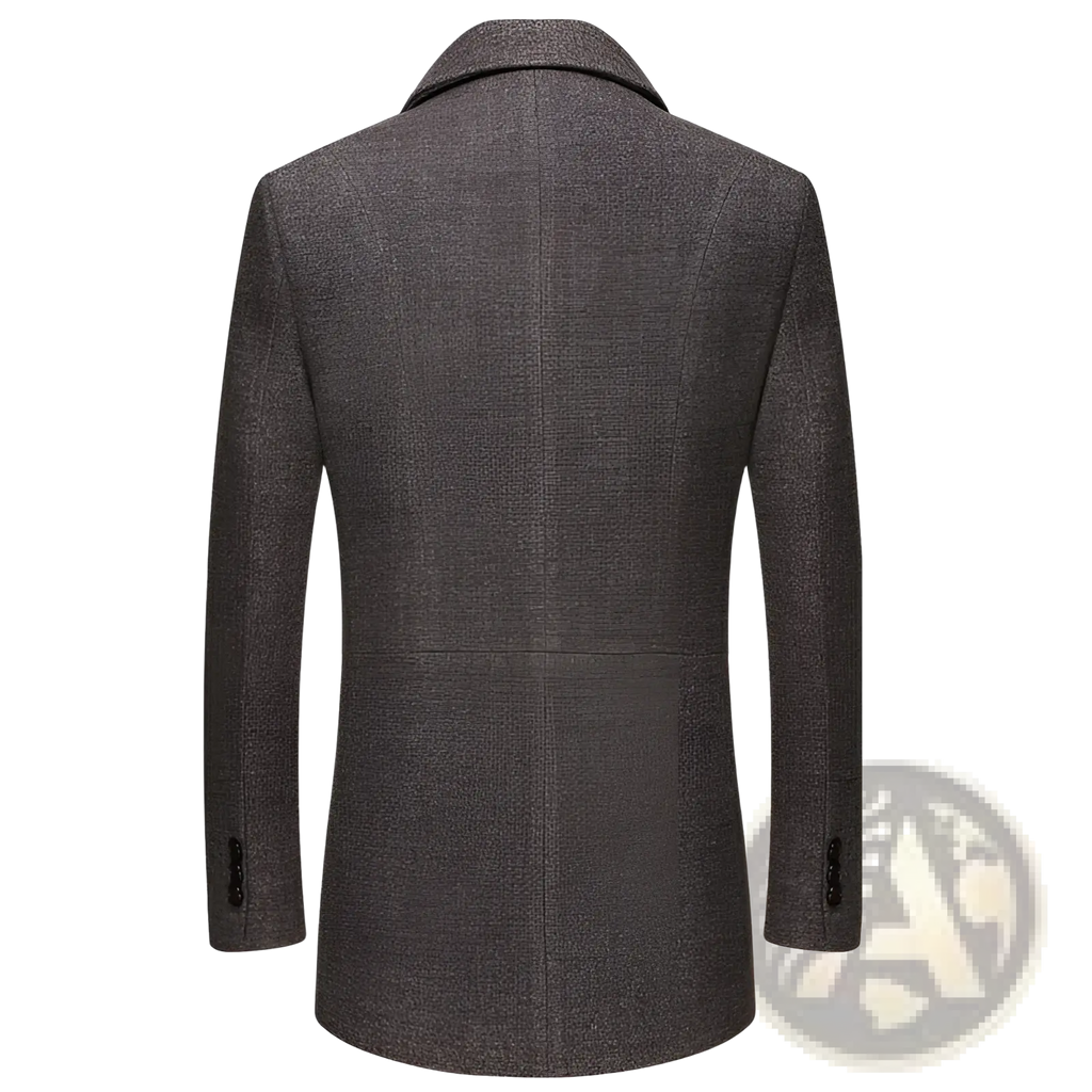 Men wool overcoat dark gray textured with notched collar and buttoned cuffs for winter wear