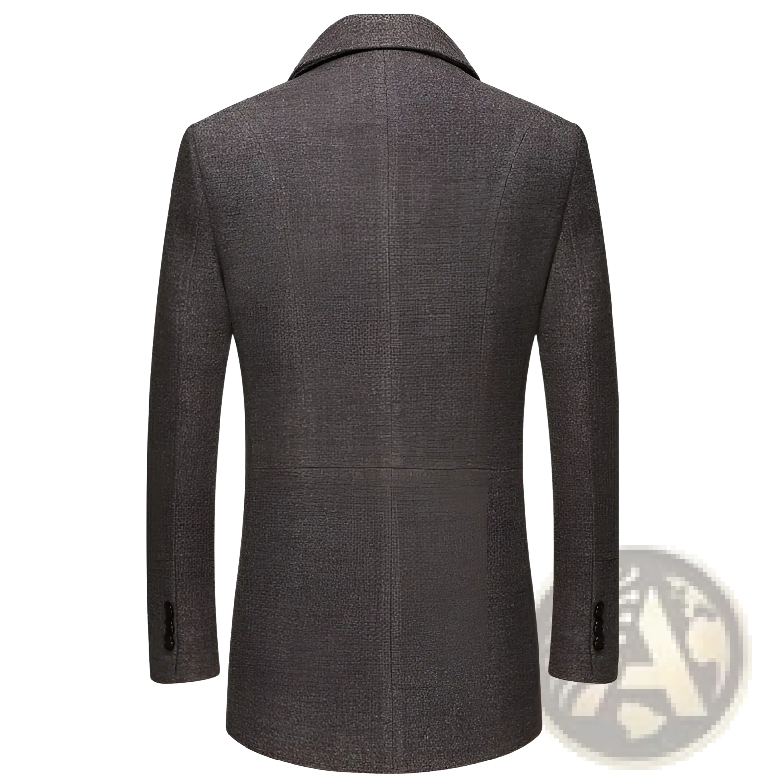 Men wool overcoat dark gray textured with notched collar and buttoned cuffs for winter wear