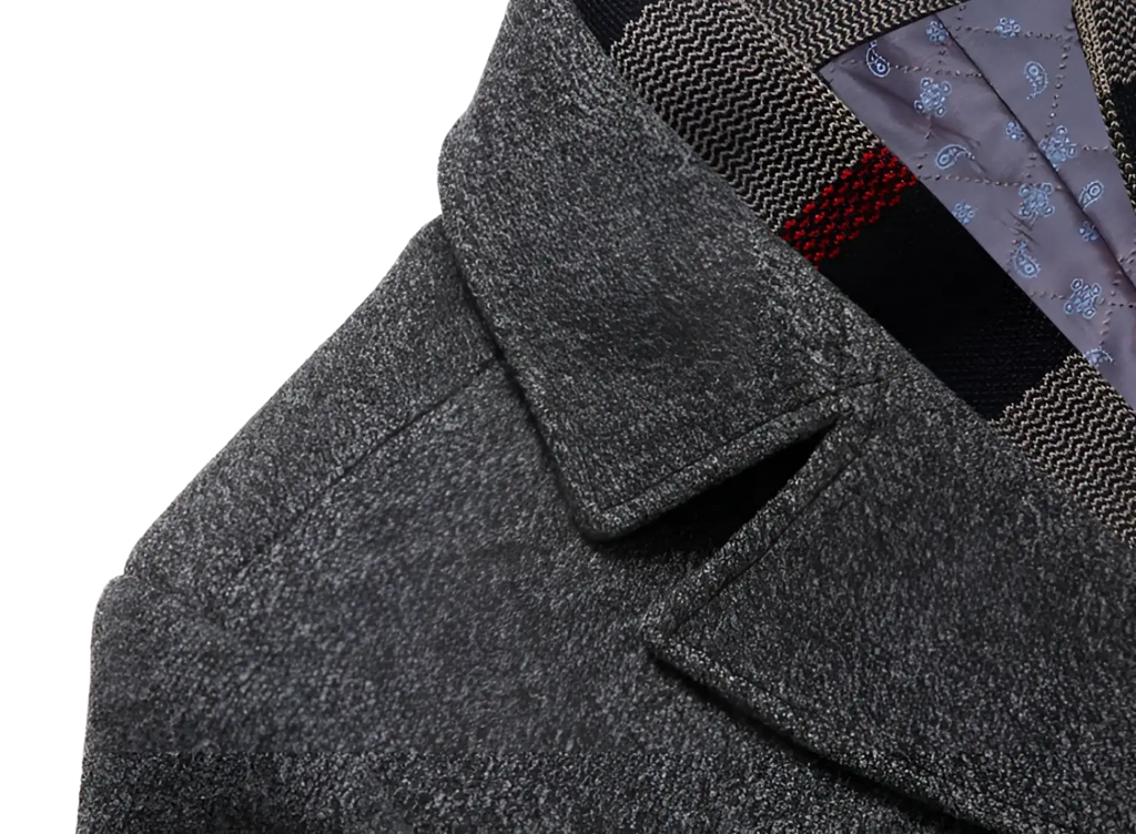 Men wool overcoat in gray wool with textured herringbone collar and quilted paisley plaid lining for winter wear