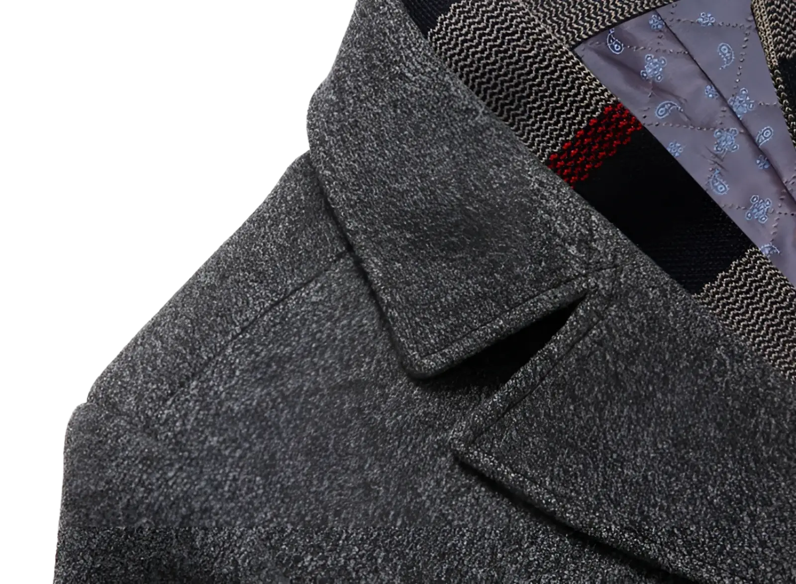 Men wool overcoat in gray wool with textured herringbone collar and quilted paisley plaid lining for winter wear