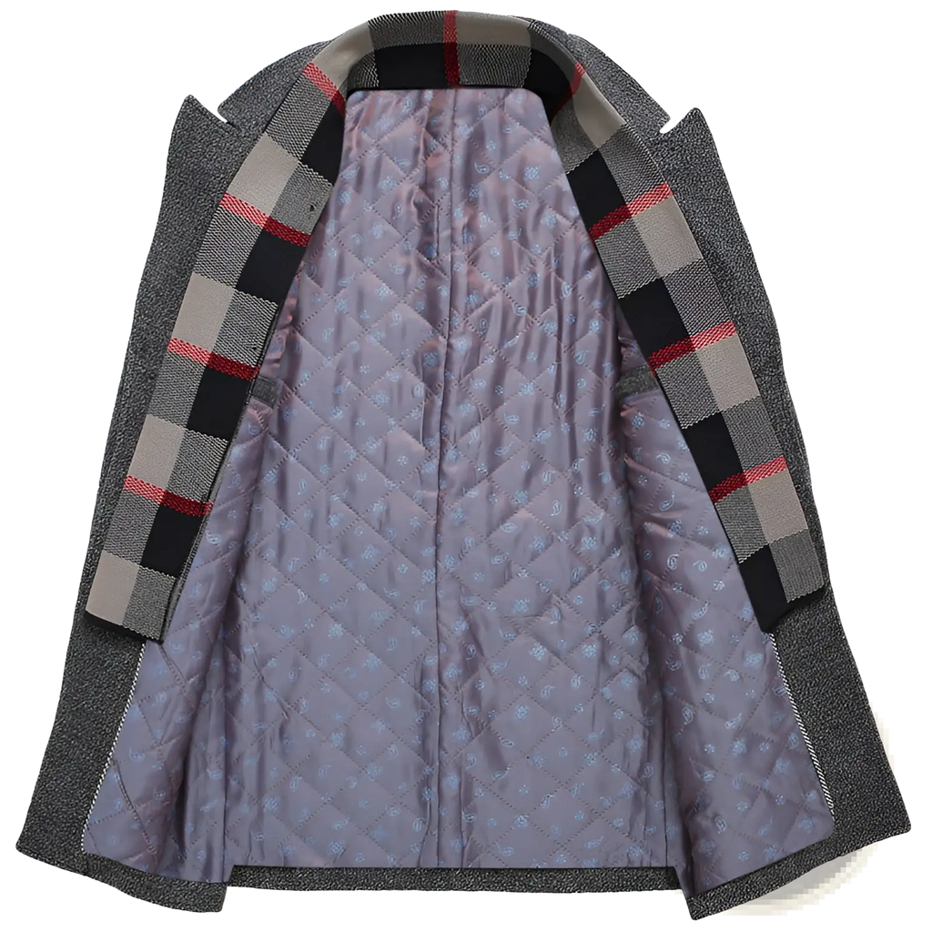 Men wool overcoat in gray with a plaid-lined collar and quilted lavender interior for winter wear