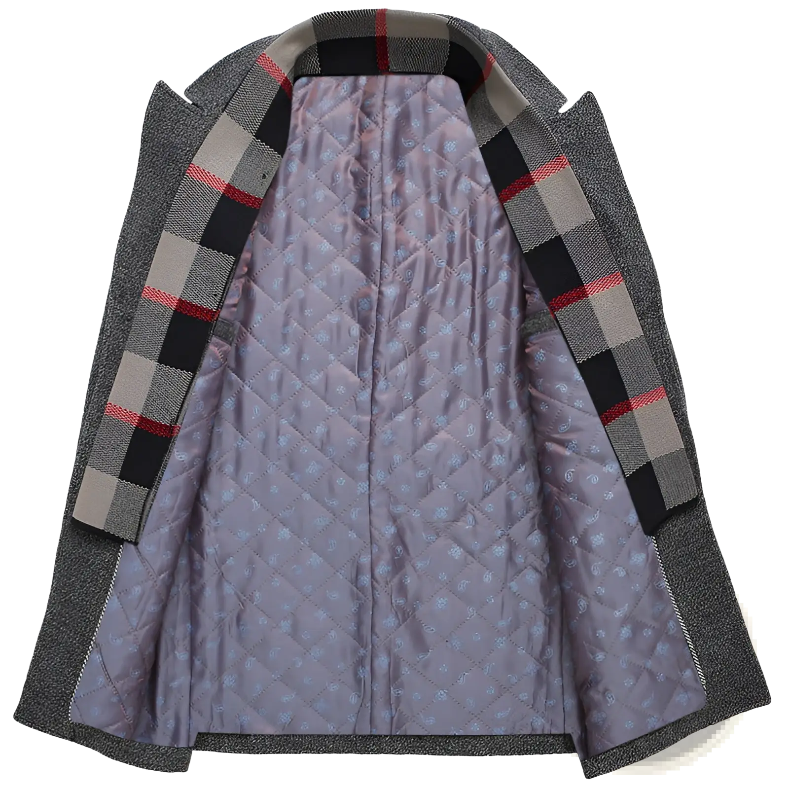 Men wool overcoat in gray with a plaid-lined collar and quilted lavender interior for winter wear