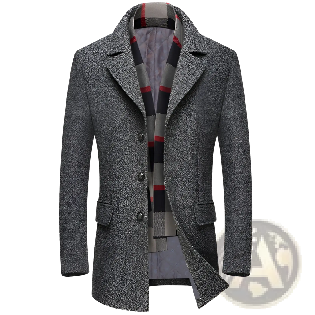 Men wool overcoat gray textured with notched collar three dark buttons two front flap pockets winter jacket