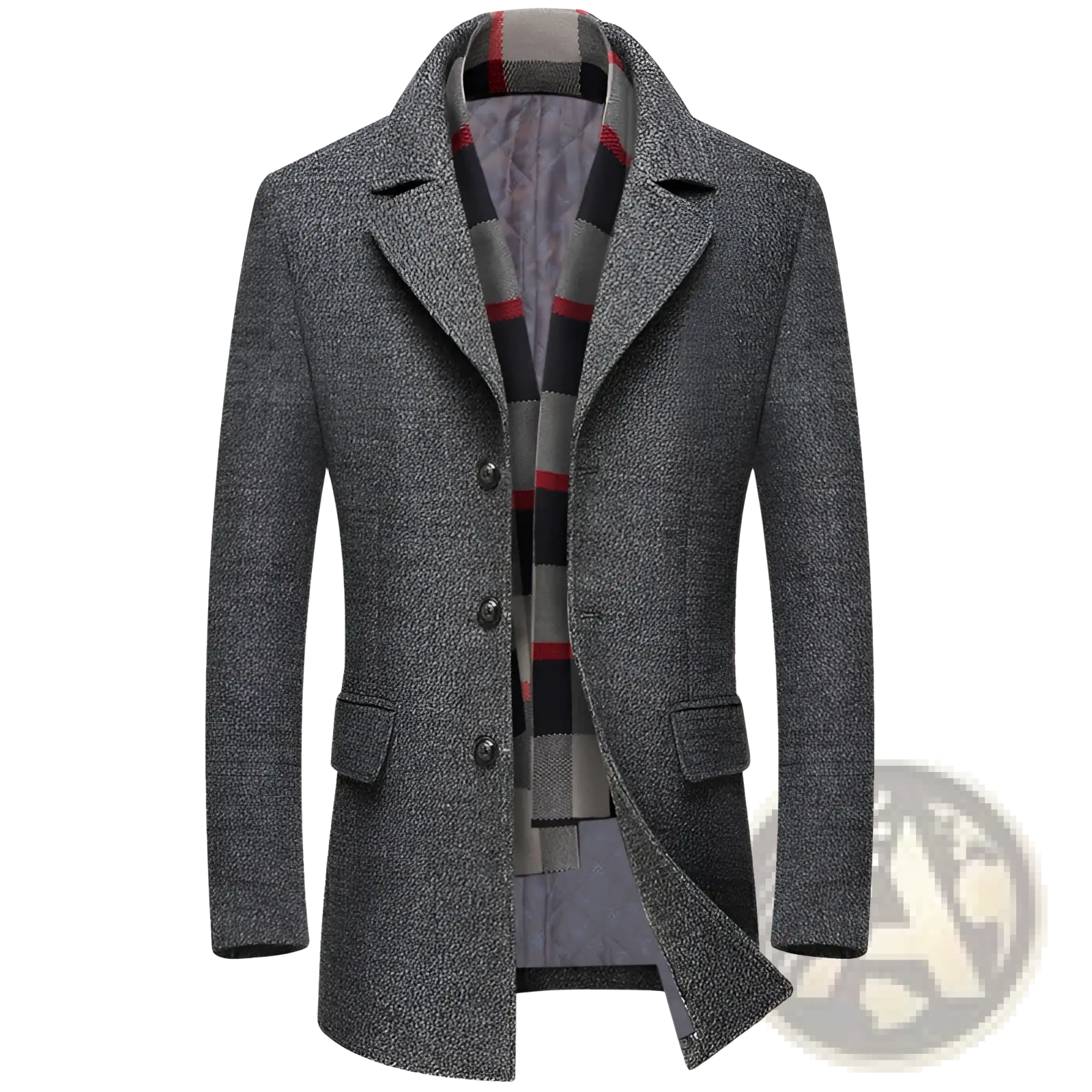 Men wool overcoat gray textured with notched collar three dark buttons two front flap pockets winter jacket