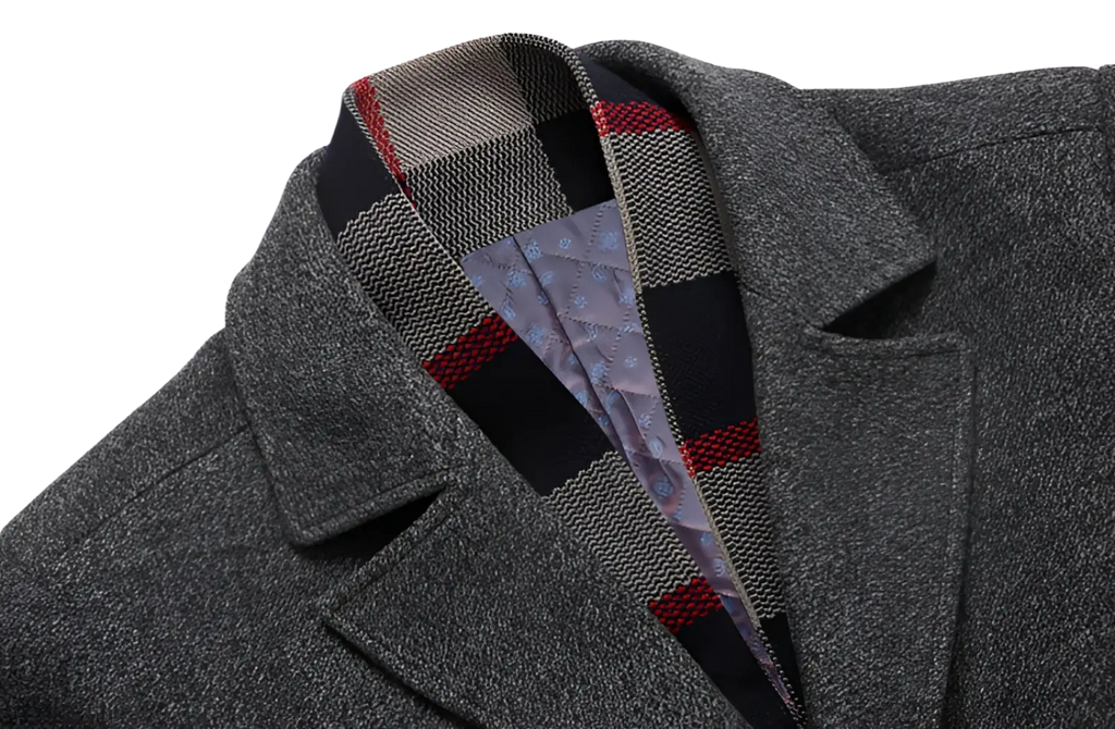 Men wool overcoat in gray with a plaid-lined collar featuring black red and beige stripes winter jacket