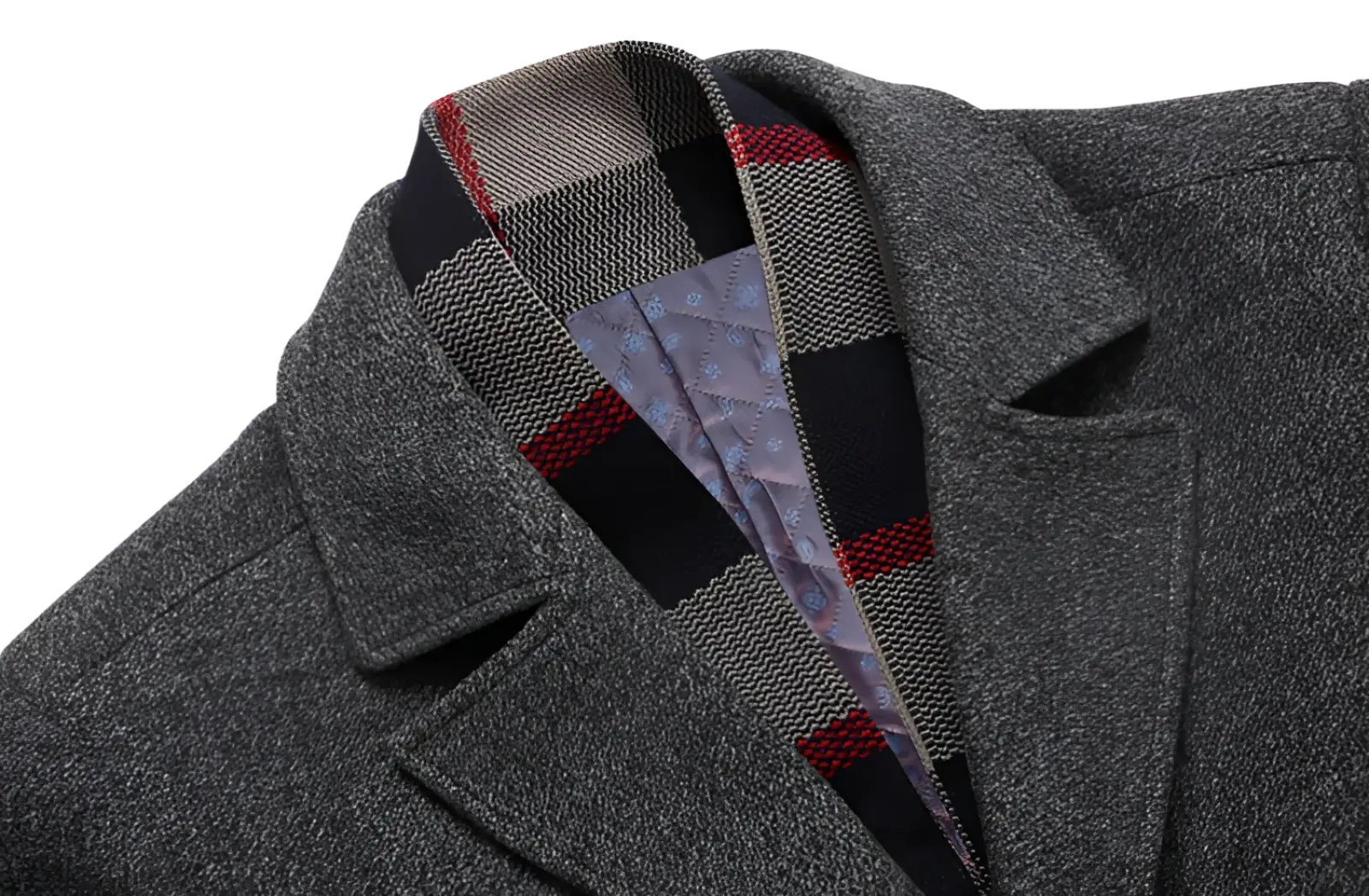 Men wool overcoat in gray with a plaid-lined collar featuring black red and beige stripes winter jacket
