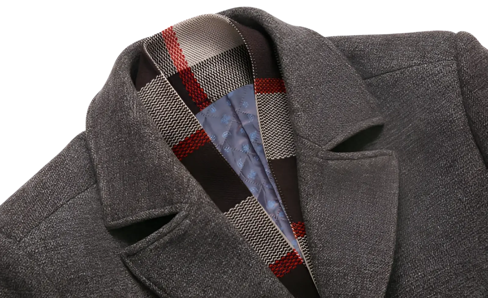 Men wool overcoat in gray wool with a plaid-lined interior featuring red black and beige stripes for winter wear