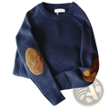 Men wool oversize pullover sweater in navy blue knit with brown leather elbow patches visible on the front side