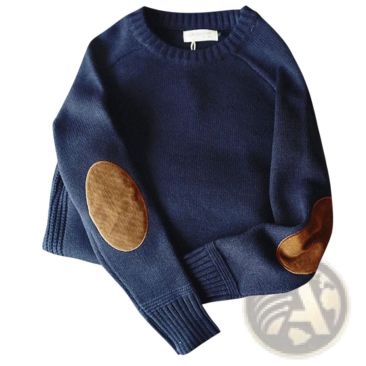 Men wool oversize pullover sweater in navy blue knit with brown leather elbow patches visible on the front side