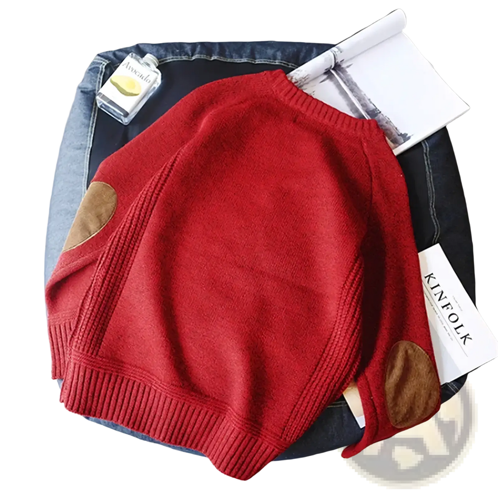 Men wool oversize pullover sweater in red knit with brown leather elbow patches and ribbed cuffs