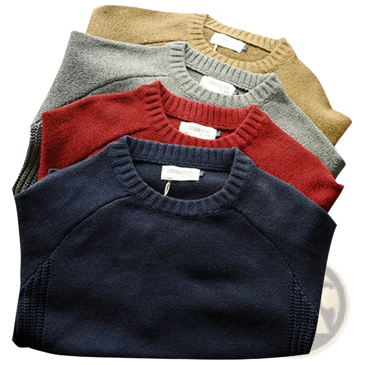 Stack of five men wool oversize crewneck sweaters in navy red gray and beige with ribbed cuffs