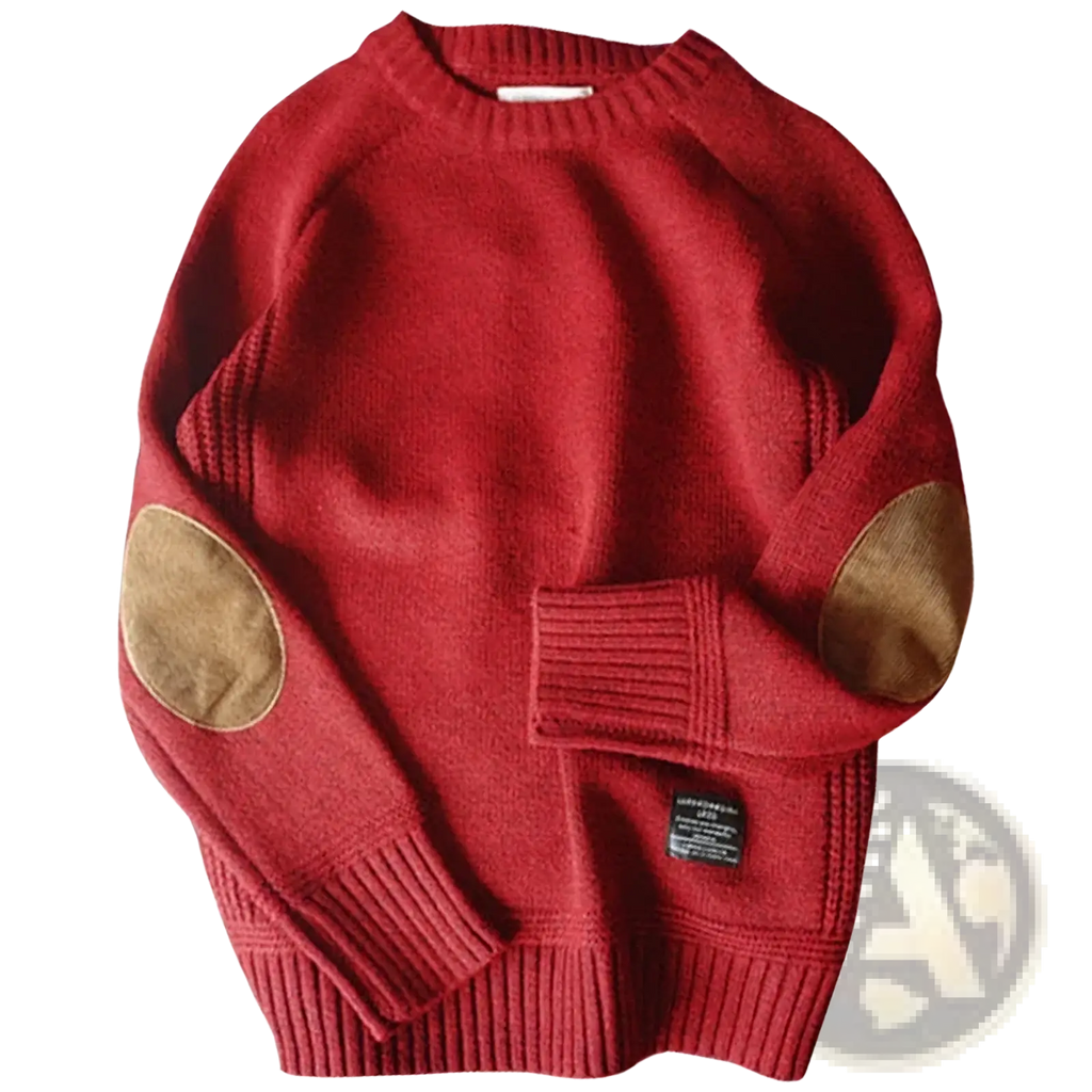 Men wool pullover sweater oversized casual knitwear in red with tan leather elbow patches and ribbed cuffs
