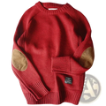 Men wool pullover sweater oversized casual knitwear in red with tan leather elbow patches and ribbed cuffs