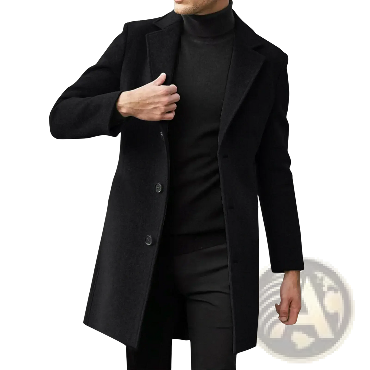 Black wool trench coat with notched lapels and two front buttons for casual winter wear