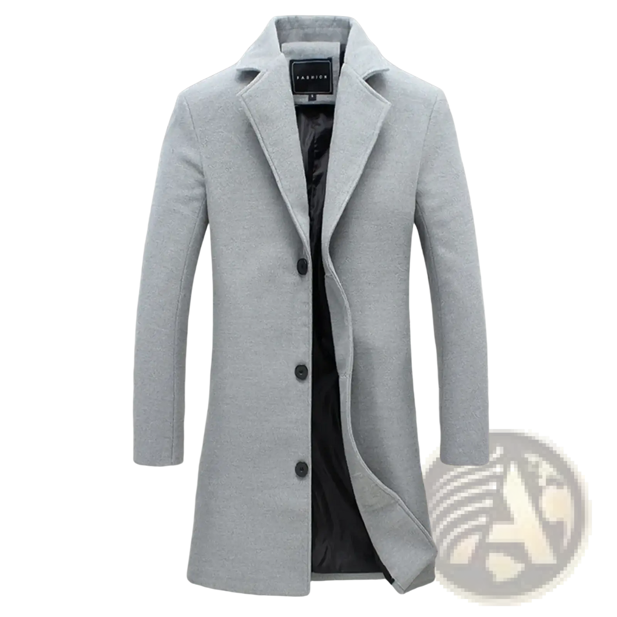 Men wool trench coat casual winter overcoat in light gray wool with black buttons and dark contrasting lining