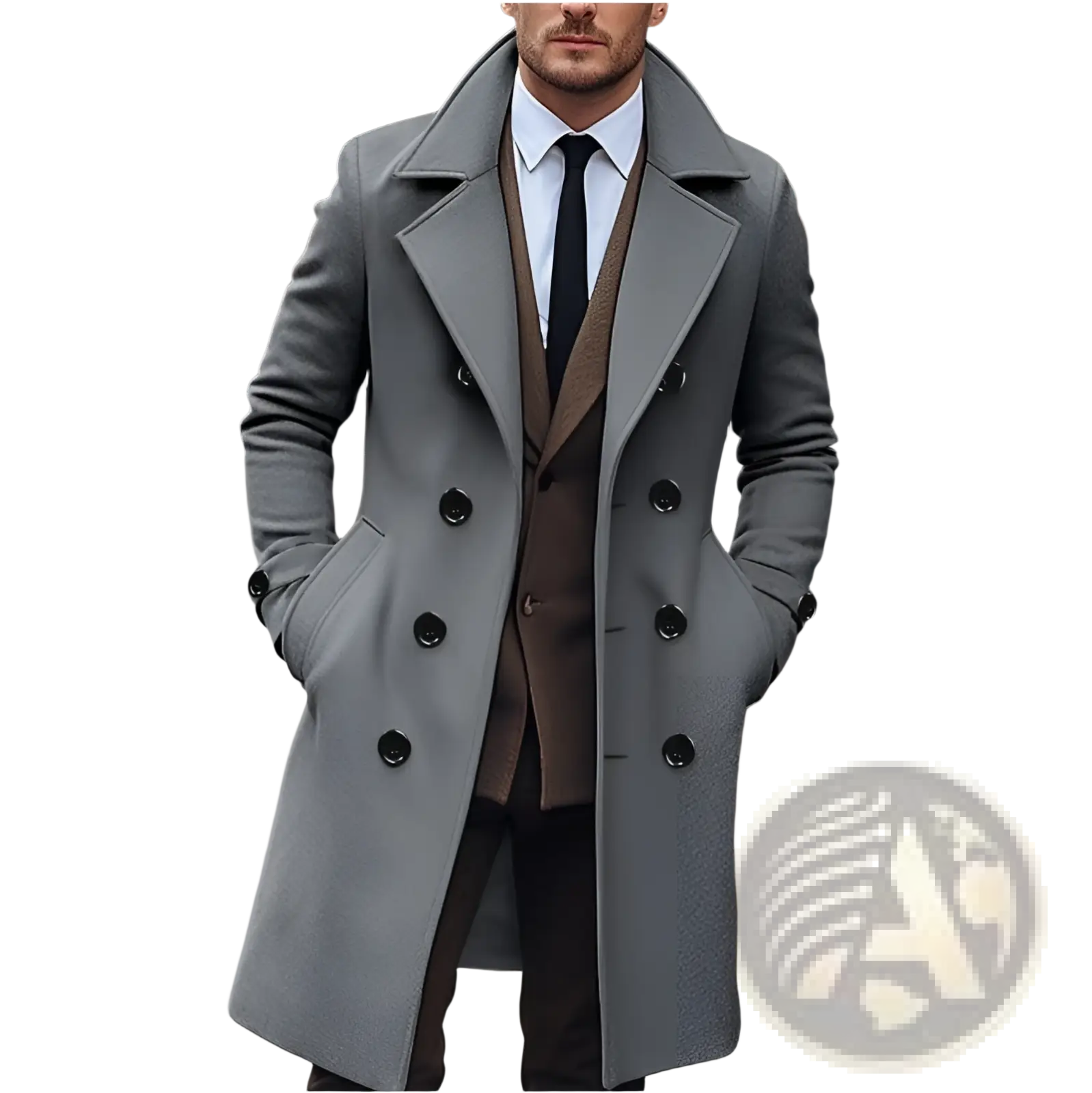 Gray woolen men trench coat with double-breasted black buttons in korean style jacket design