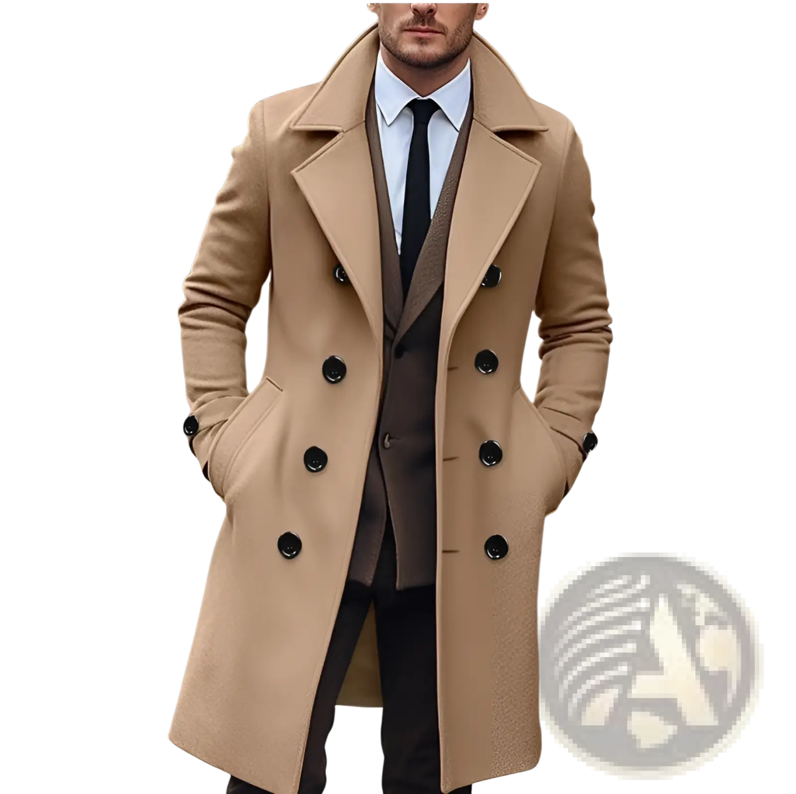Beige men wool trench coat double breasted with black buttons Korean style jacket made of wool fabric