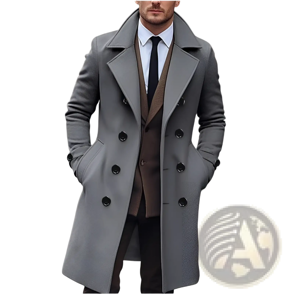 Men wool trench coat double breasted korean style jacket classic gray wool overcoat with black buttons