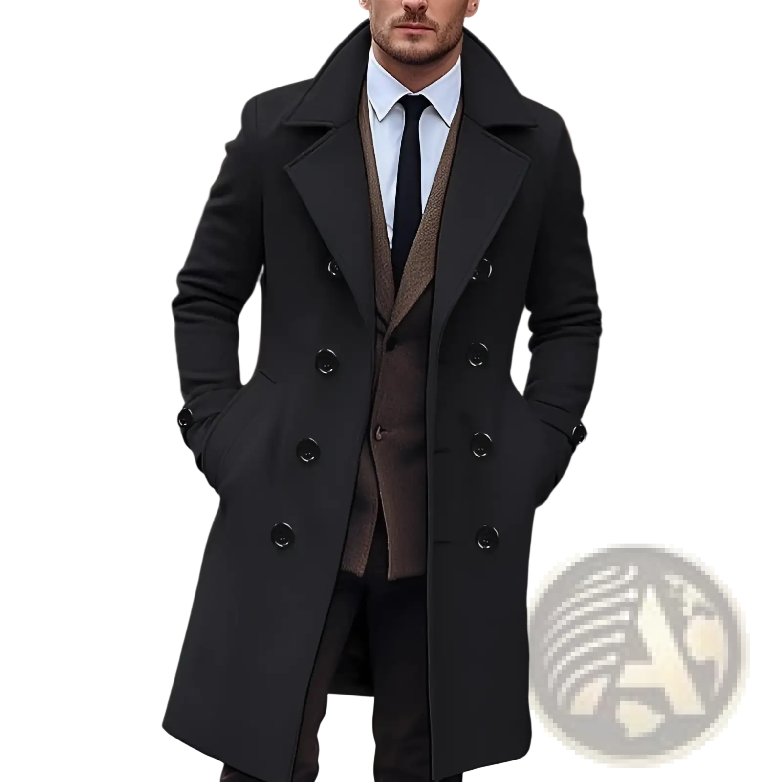 Black double-breasted wool trench coat with notched lapels and dark buttons in korean style jacket design