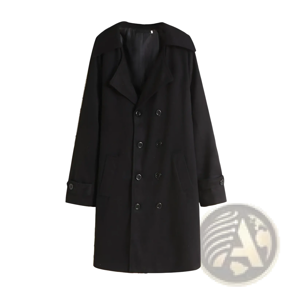 Men wool trench coat double breasted black with notched collar and buttoned cuffs korean style jacket