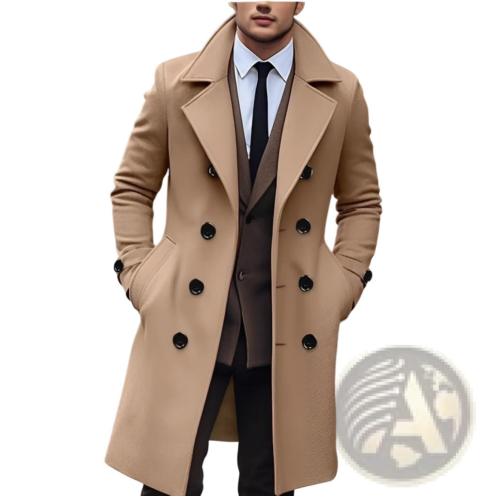 Beige double-breasted wool trench coat with black buttons for men Korean style jacket front view