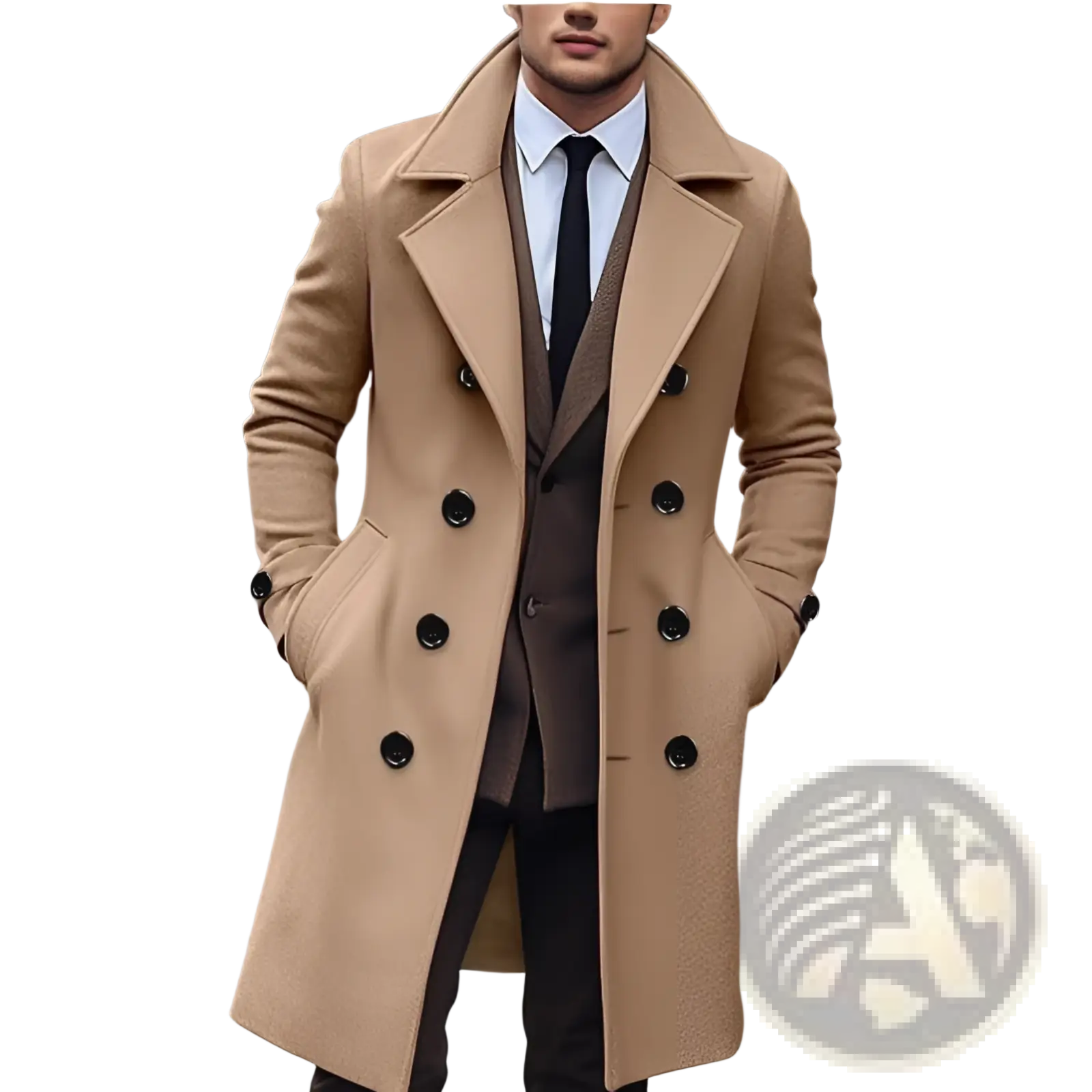 Beige double-breasted wool trench coat with black buttons for men Korean style jacket front view