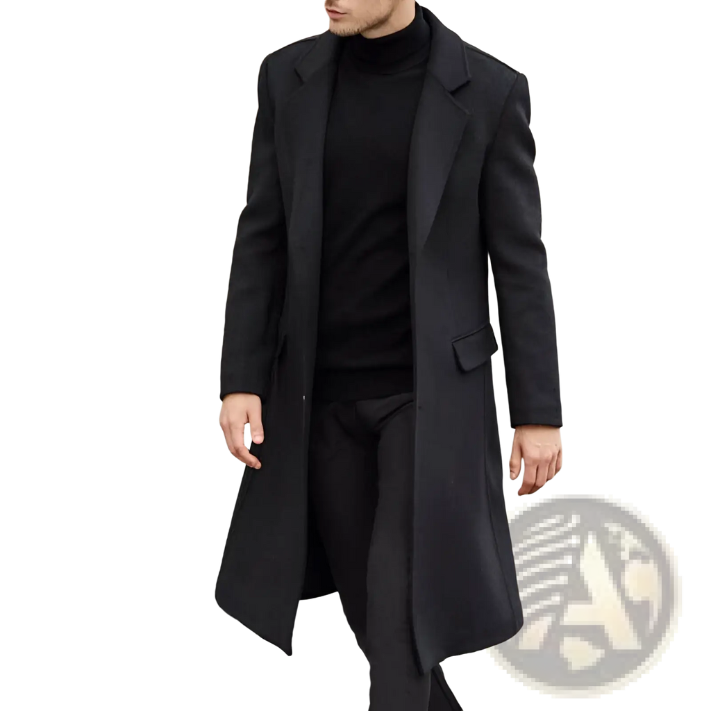 Black wool trench coat overcoat for men with double breasted front notched lapels and flap pockets