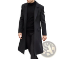 Black wool trench coat overcoat for men with double breasted front notched lapels and flap pockets