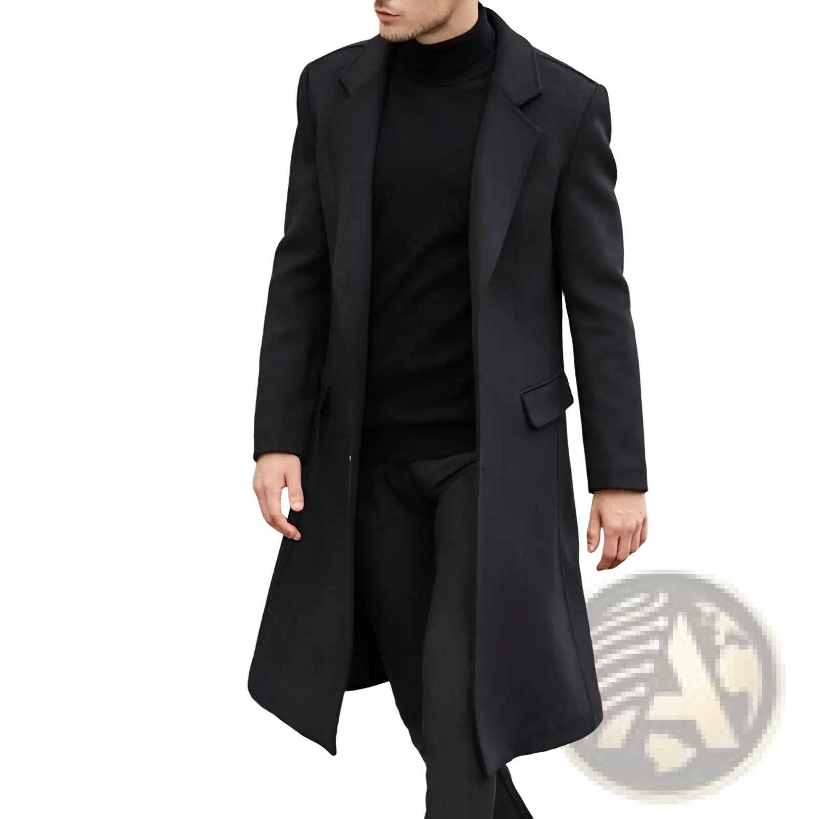 Black wool trench coat overcoat for men with double breasted front notched lapels and flap pockets