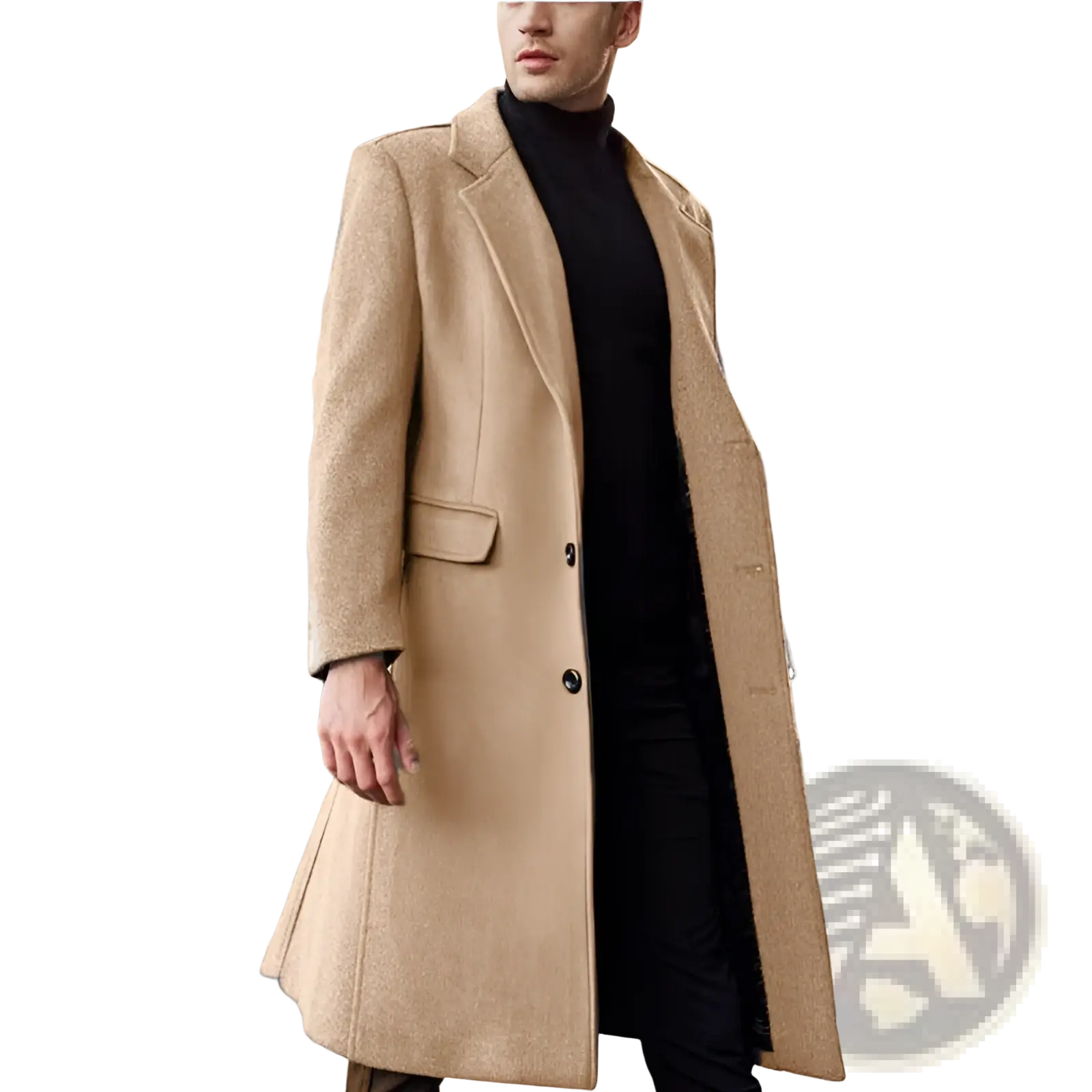 Beige wool men trench coat with double-breasted design and black buttons for formal outerwear
