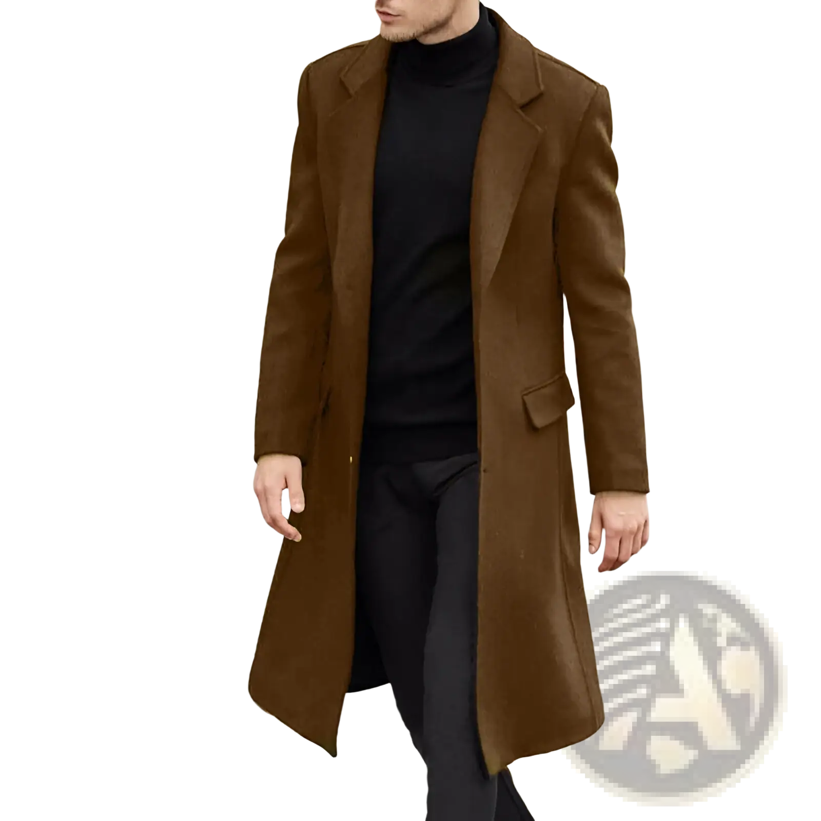 Men wool trench coat brown woolen overcoat with classic double breasted design and notched lapels