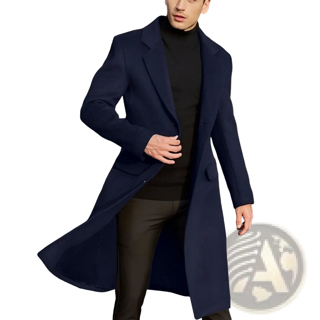 Navy blue wool overcoat with notched lapels and single-breasted design for men wool trench coat double breasted overcoat