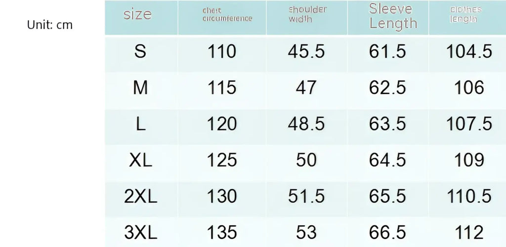 Size chart for a women’s sweater showing measurements in centimeters for sizes s to 3xl in a men wool trench coat product