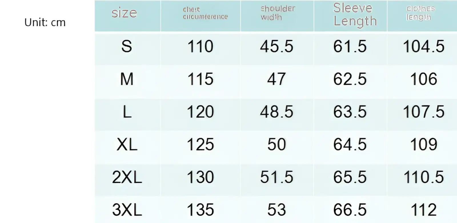 Size chart for a women’s sweater showing measurements in centimeters for sizes s to 3xl in a men wool trench coat product