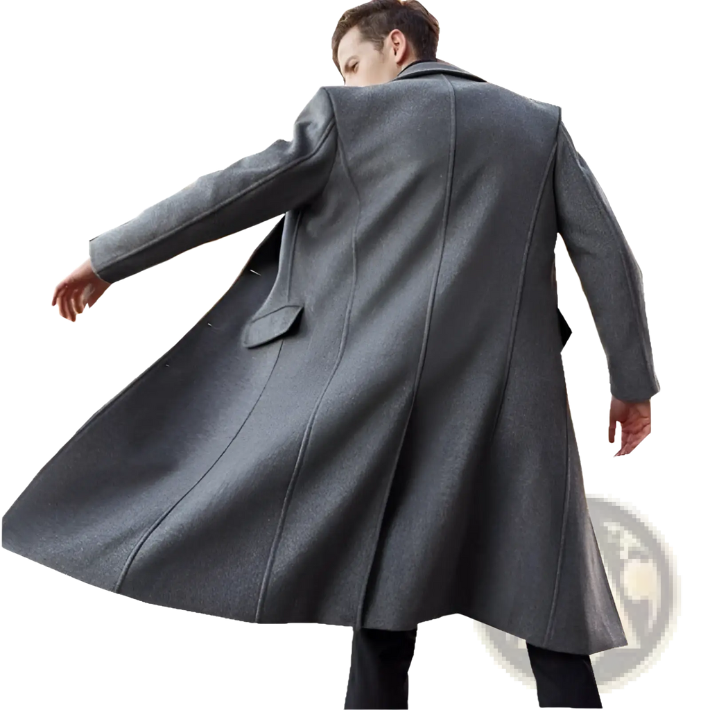 A sleek dark gray men wool trench coat with a classic double-breasted design and notched lapels