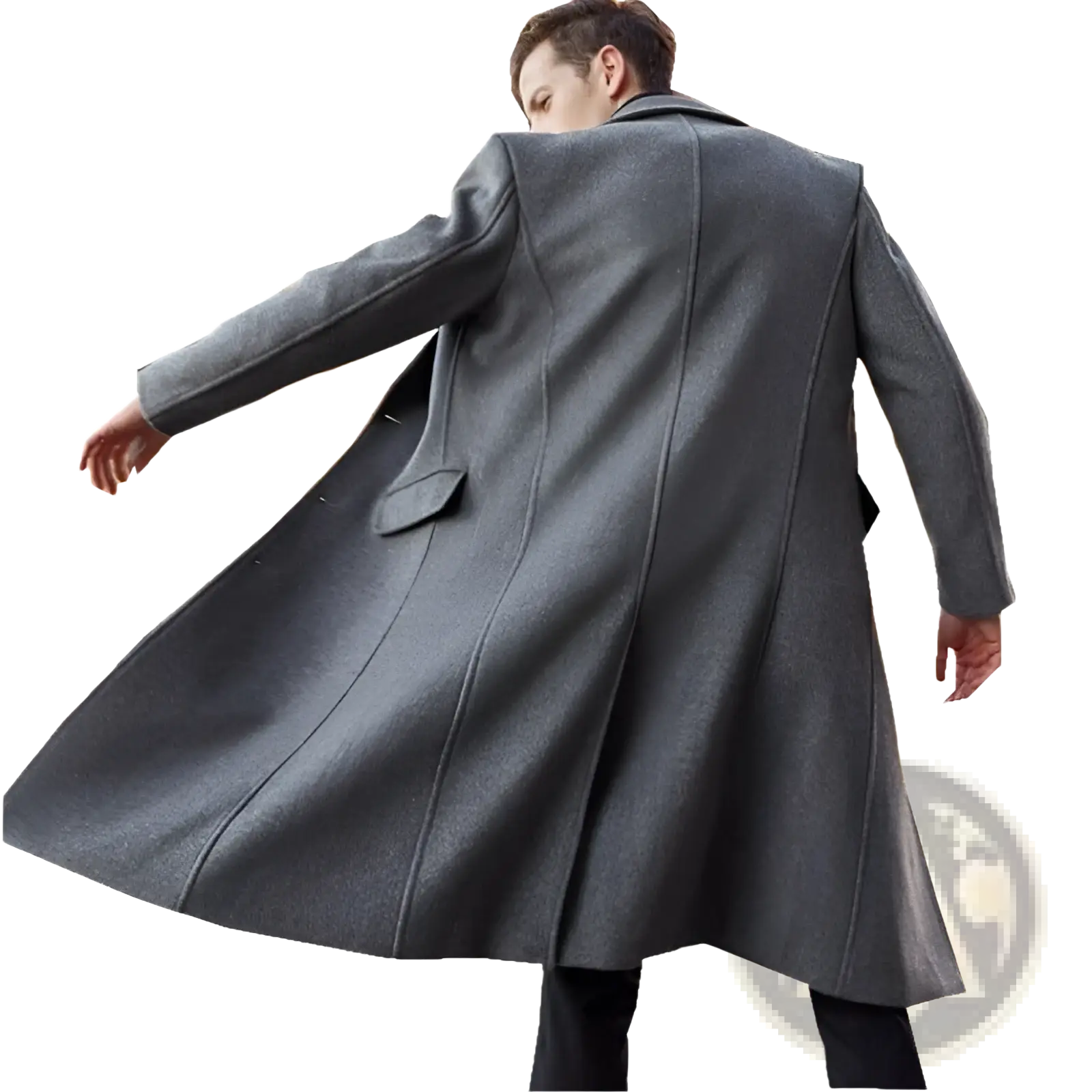 A sleek dark gray men wool trench coat with a classic double-breasted design and notched lapels