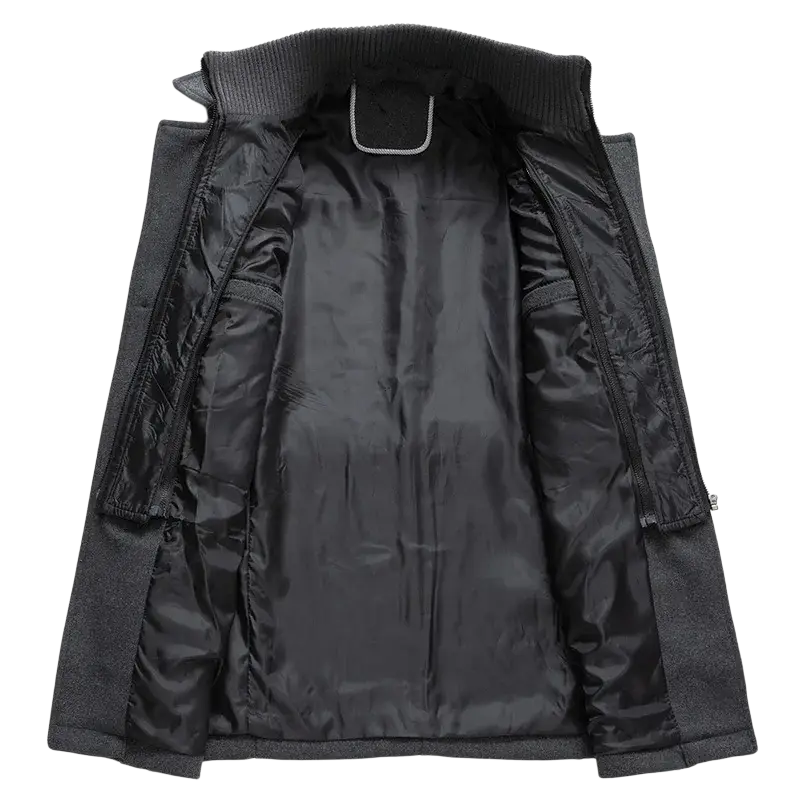 Black quilted men wool trench coat with double collar ribbed collar and satin-lined interior for winter wear