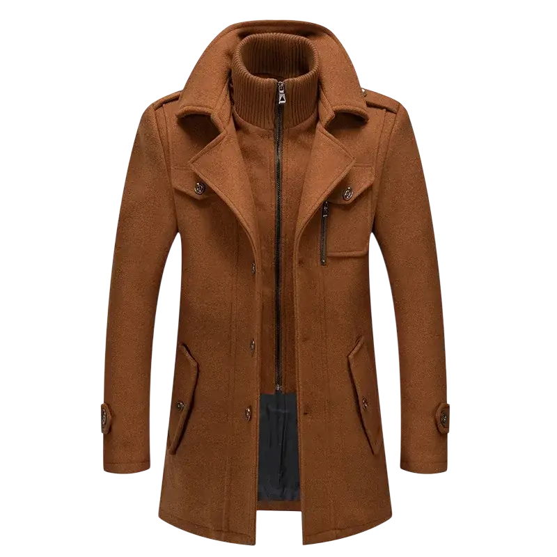Brown woolen trench coat with high collar and front zipper for men wool trench coat double collar winter jacket modname=ckeditor
