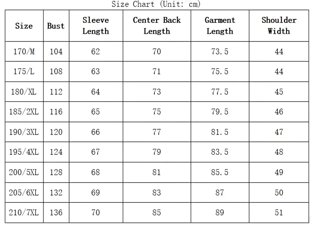 Size chart for men wool trench coat double collar winter jacket showing measurements in centimeters from 170m to 2107xl modname=ckeditor