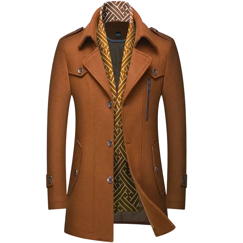 Men wool trench coat navy blue winter outerwear with brown woolen fabric geometric lining and silver toned buttons