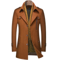Men wool trench coat navy blue winter outerwear with brown woolen fabric geometric lining and silver toned buttons