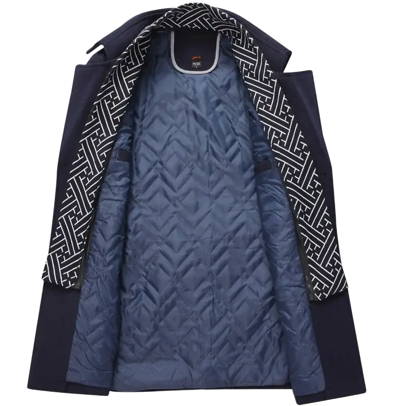 Men wool trench coat navy blue winter outerwear with quilted navy blue geometric patterned inner lining and collar