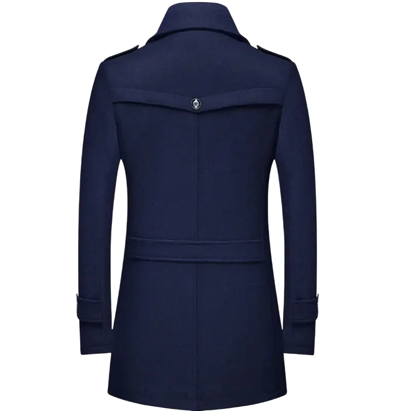 Navy blue woolen men’s trench coat with notched collar and buttoned cuffs ideal for winter outerwear