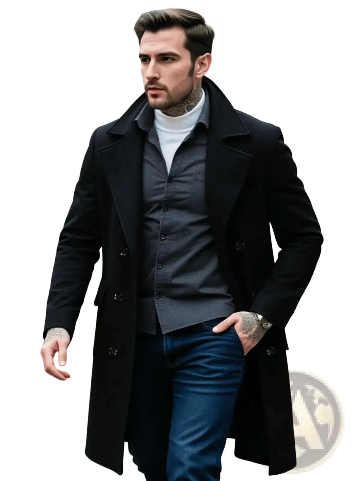 Men wool trench coat black double-breasted overcoat with notched collar and buttoned front for warm winter wear