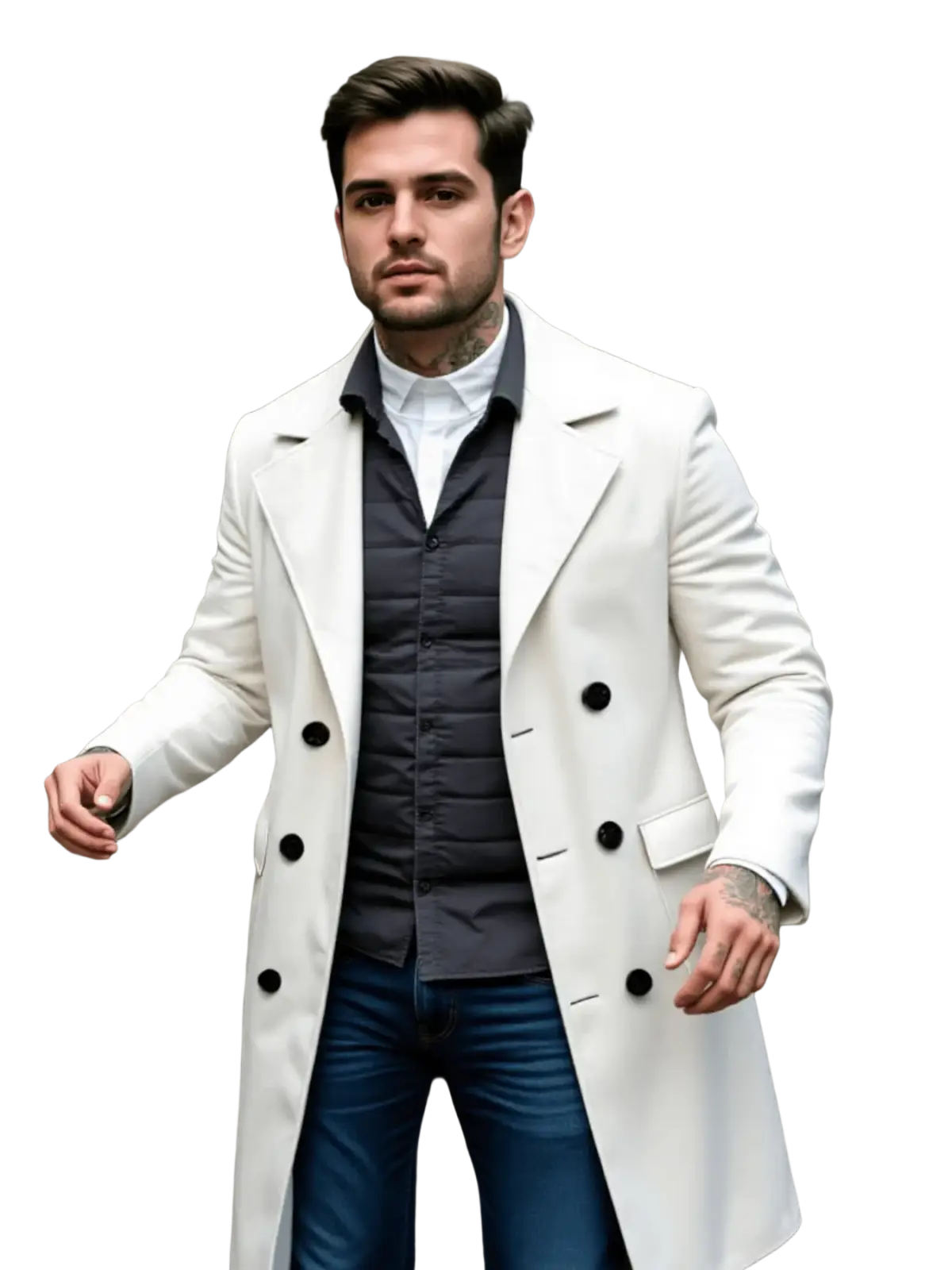 A sleek white wool double-breasted trench coat with black buttons for warm winter wear